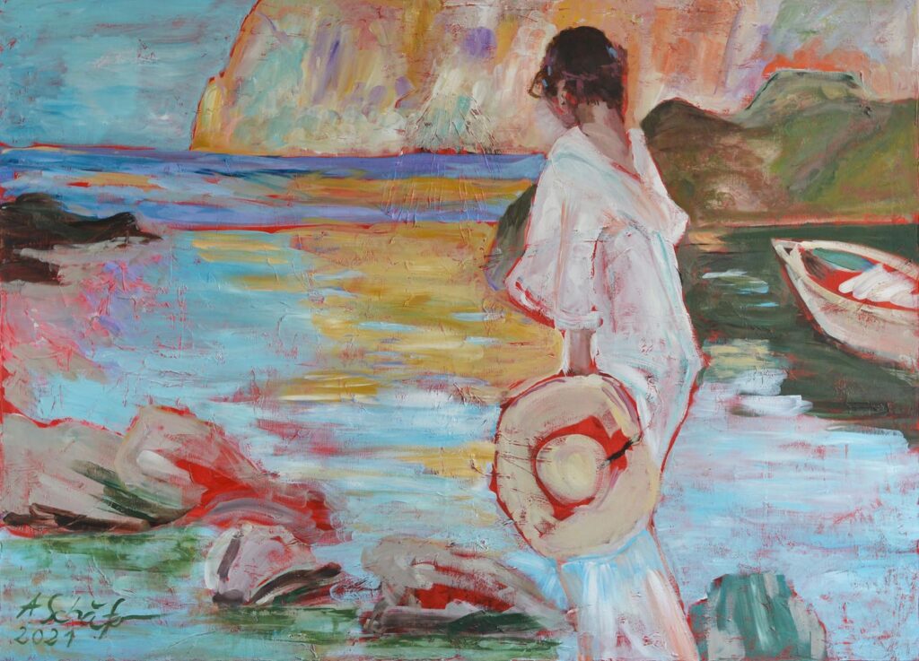 Frau mit Hut am Meer, Technik: Acryl auf Leinwand, Maße: 100 x 140 cm
