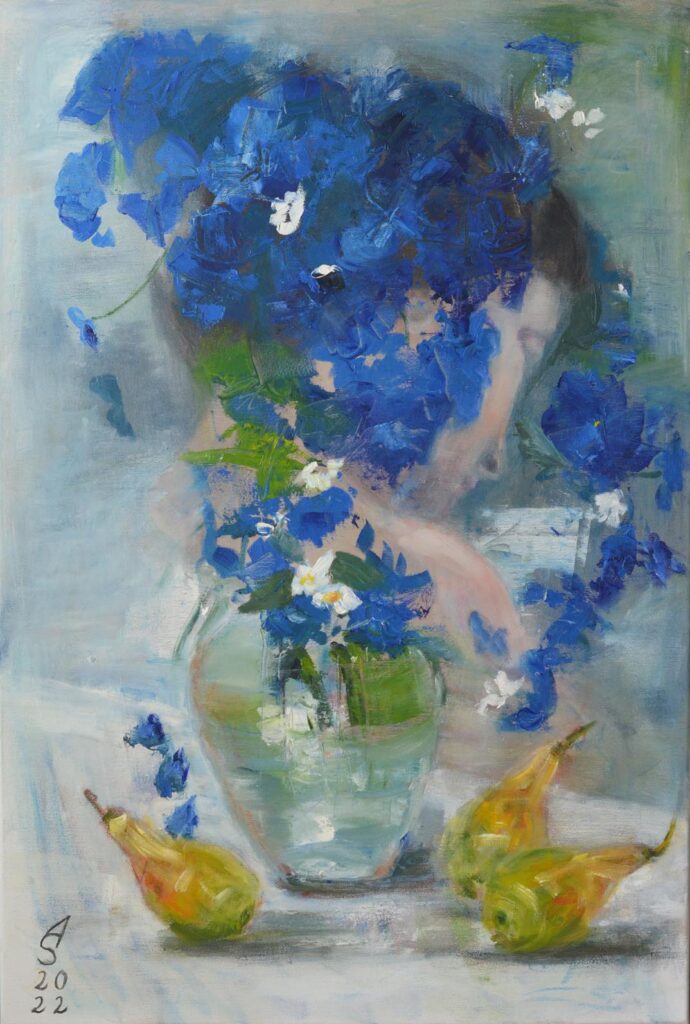 Frau mit Blumen abstrakt, 
Technik: Öl auf Leinwand, 
Maße 60+ 90cm