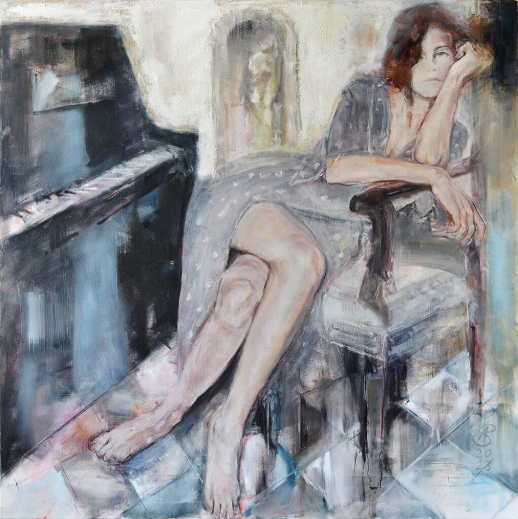 Frau am Klavier, 
Technik: Öl / Mischtechnik, Maße: 120 × 120 m